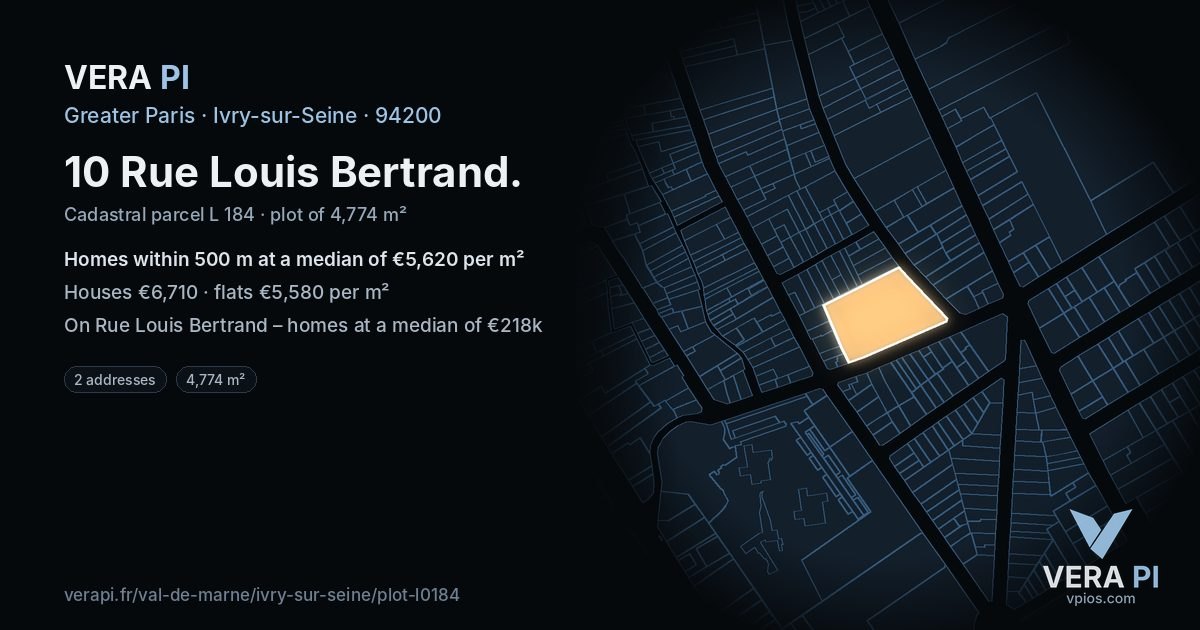 10 Rue Louis Bertrand, Ivry-sur-Seine at night – the plot lit, the parcels around coloured by the prices near them