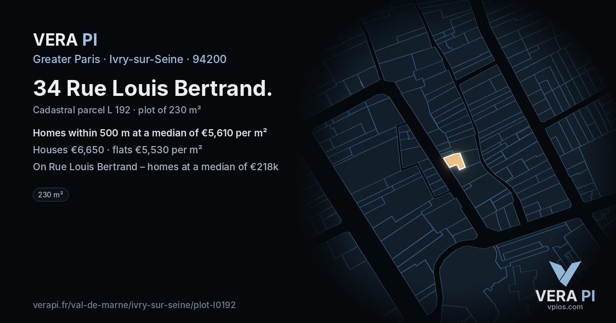 34 Rue Louis Bertrand, Ivry-sur-Seine at night – the plot lit, the parcels around coloured by the prices near them