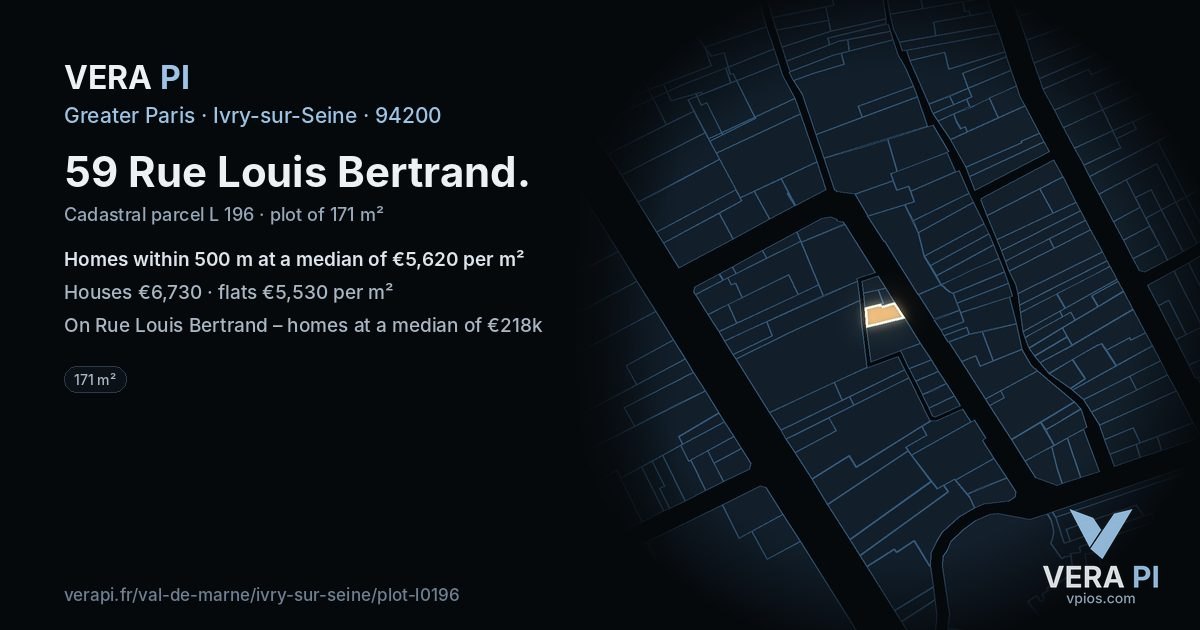 59 Rue Louis Bertrand, Ivry-sur-Seine at night – the plot lit, the parcels around coloured by the prices near them