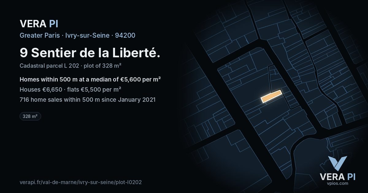 9 Sentier de la Liberté, Ivry-sur-Seine at night – the plot lit, the parcels around coloured by the prices near them