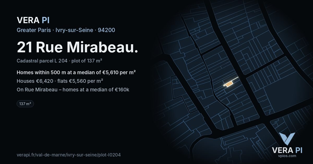 21 Rue Mirabeau, Ivry-sur-Seine at night – the plot lit, the parcels around coloured by the prices near them
