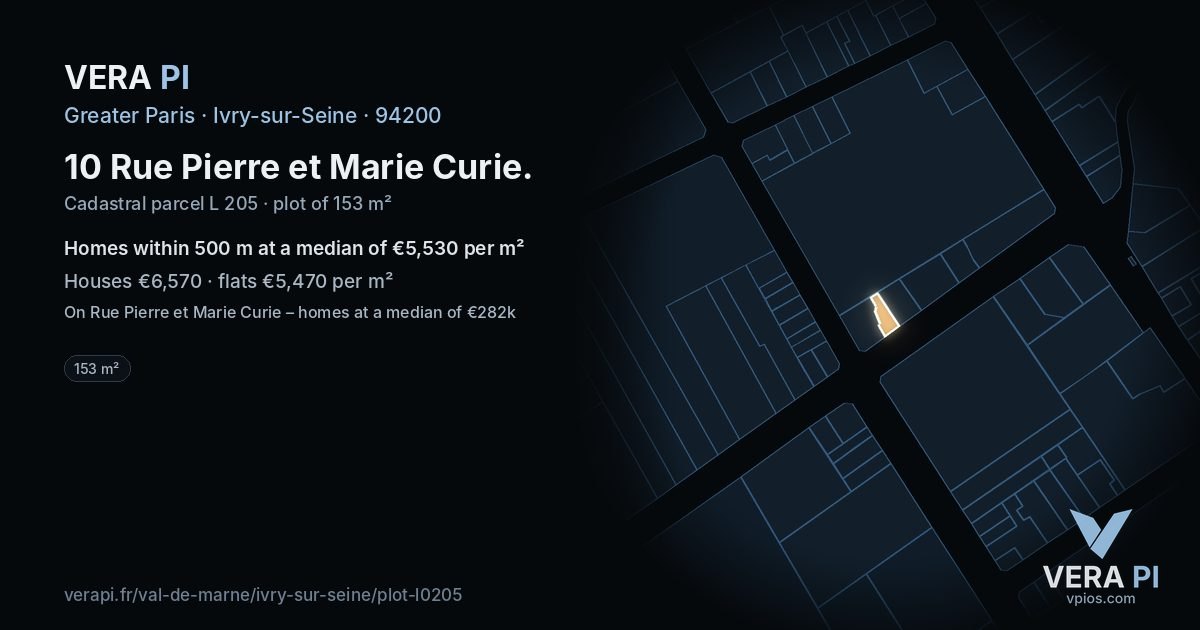 10 Rue Pierre et Marie Curie, Ivry-sur-Seine at night – the plot lit, the parcels around coloured by the prices near them
