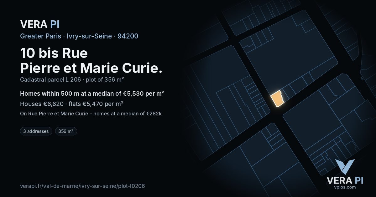 10 bis Rue Pierre et Marie Curie, Ivry-sur-Seine at night – the plot lit, the parcels around coloured by the prices near them