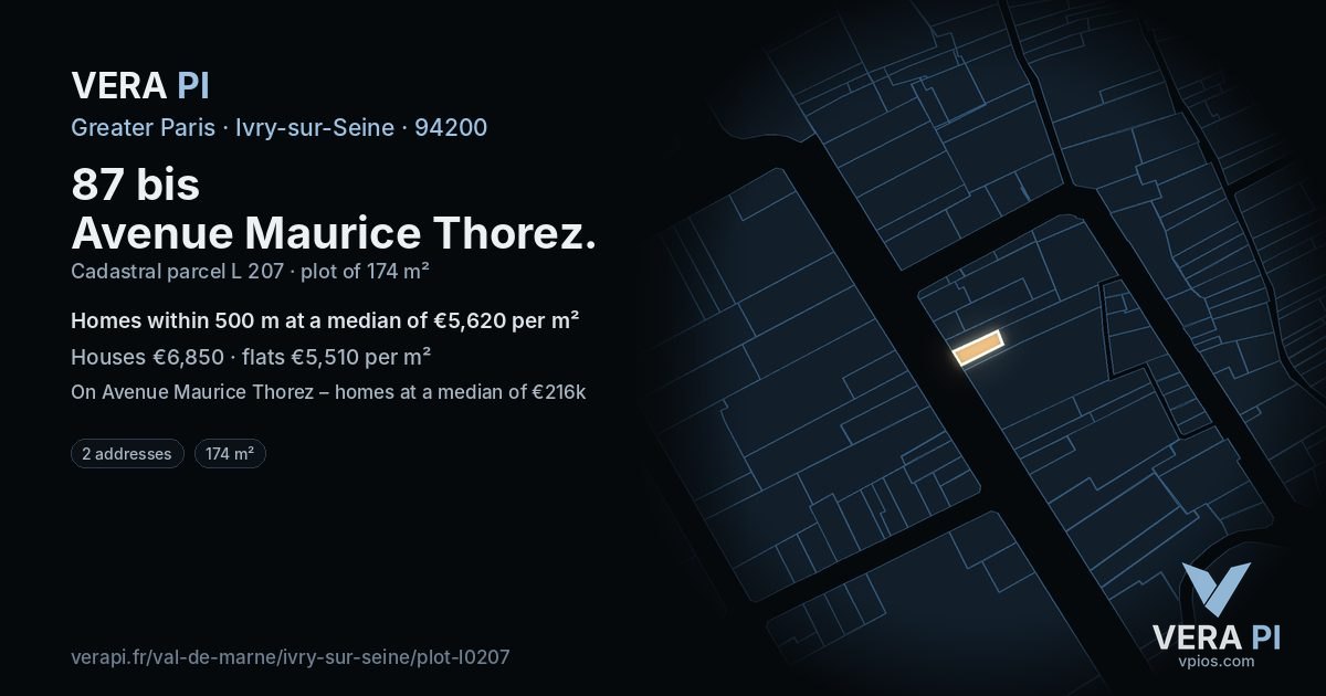 87 bis Avenue Maurice Thorez, Ivry-sur-Seine at night – the plot lit, the parcels around coloured by the prices near them