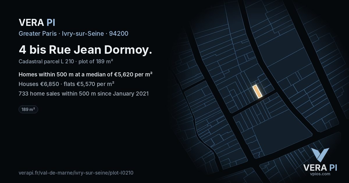 4 bis Rue Jean Dormoy, Ivry-sur-Seine at night – the plot lit, the parcels around coloured by the prices near them