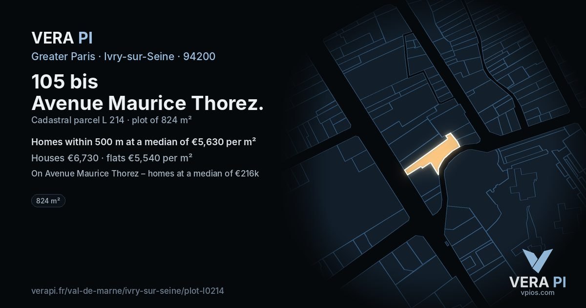105 bis Avenue Maurice Thorez, Ivry-sur-Seine at night – the plot lit, the parcels around coloured by the prices near them