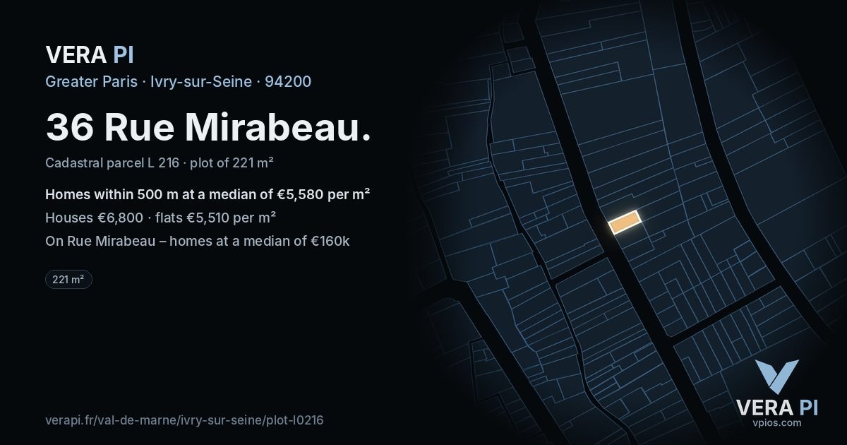 36 Rue Mirabeau, Ivry-sur-Seine at night – the plot lit, the parcels around coloured by the prices near them