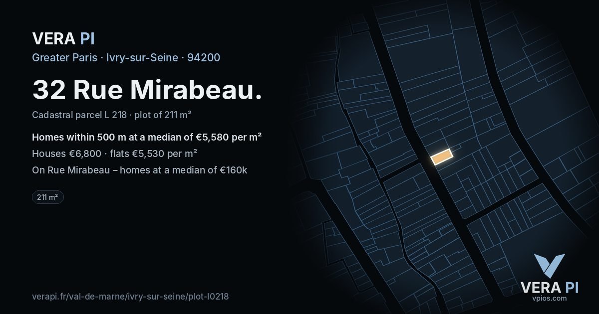 32 Rue Mirabeau, Ivry-sur-Seine at night – the plot lit, the parcels around coloured by the prices near them