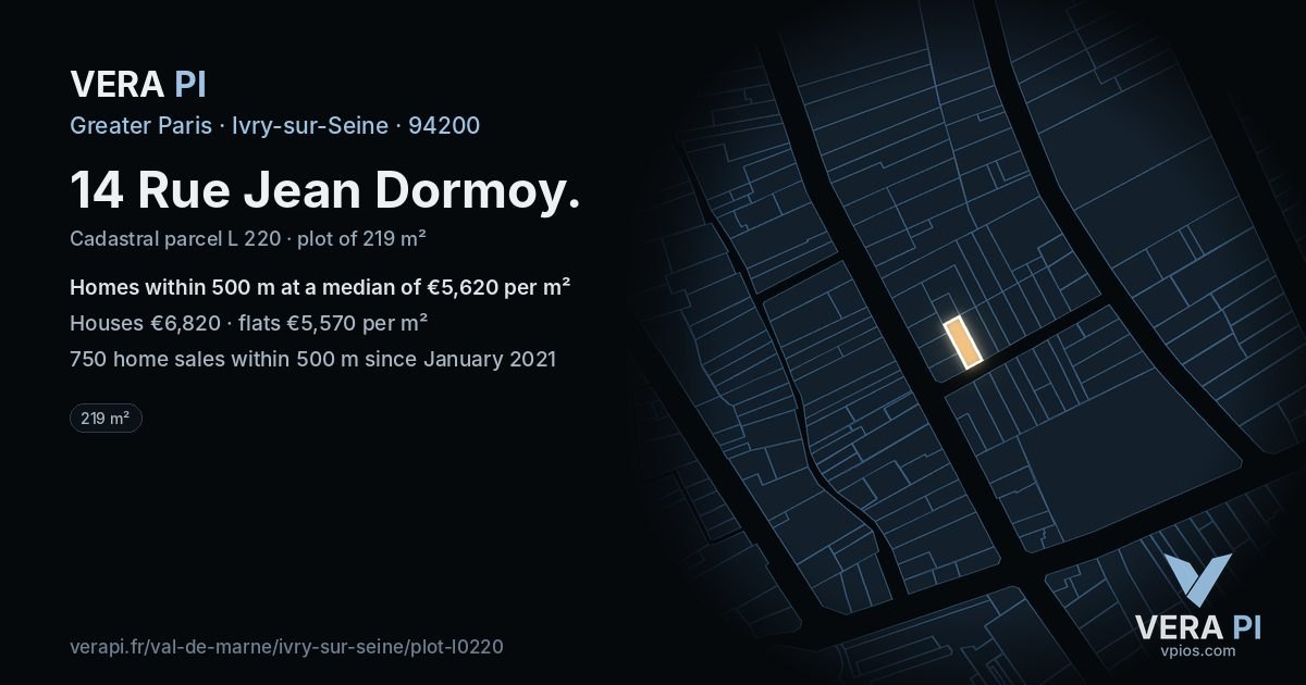 14 Rue Jean Dormoy, Ivry-sur-Seine at night – the plot lit, the parcels around coloured by the prices near them