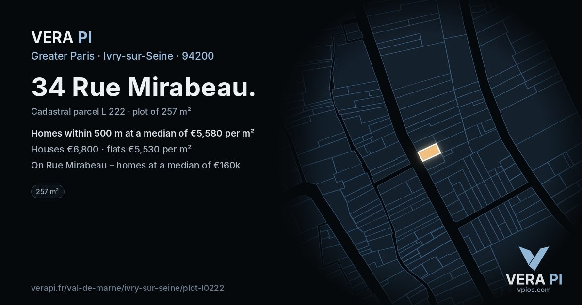 34 Rue Mirabeau, Ivry-sur-Seine at night – the plot lit, the parcels around coloured by the prices near them
