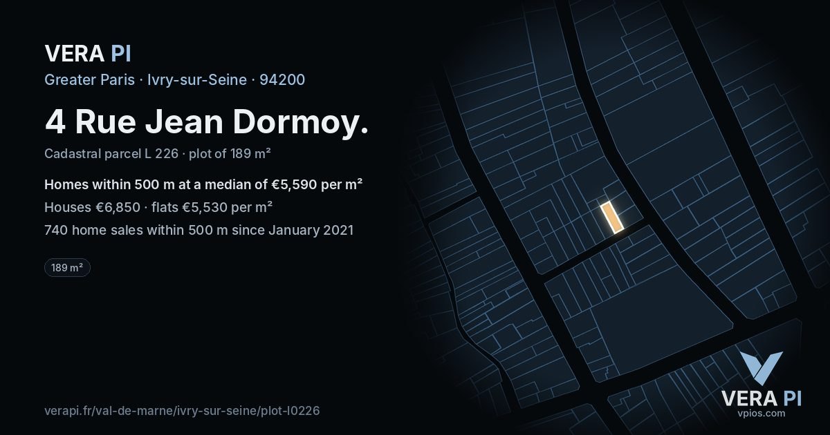 4 Rue Jean Dormoy, Ivry-sur-Seine at night – the plot lit, the parcels around coloured by the prices near them