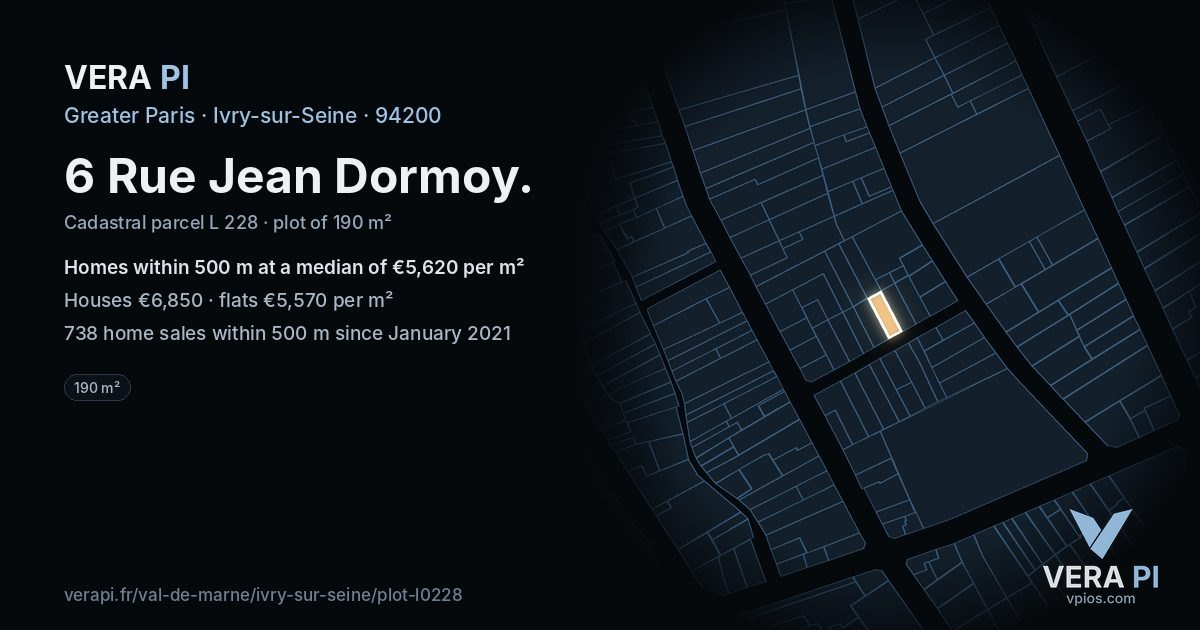 6 Rue Jean Dormoy, Ivry-sur-Seine at night – the plot lit, the parcels around coloured by the prices near them