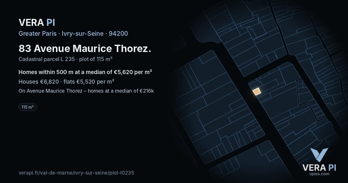 83 Avenue Maurice Thorez, Ivry-sur-Seine at night – the plot lit, the parcels around coloured by the prices near them