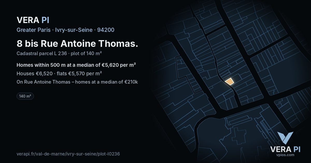 8 bis Rue Antoine Thomas, Ivry-sur-Seine at night – the plot lit, the parcels around coloured by the prices near them