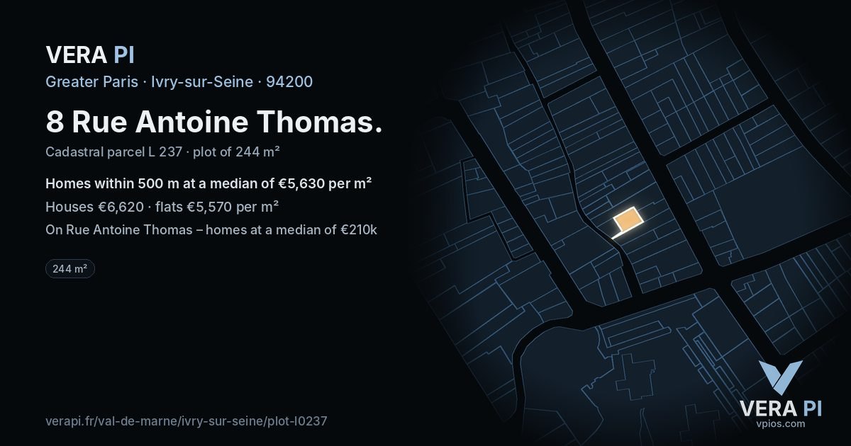 8 Rue Antoine Thomas, Ivry-sur-Seine at night – the plot lit, the parcels around coloured by the prices near them