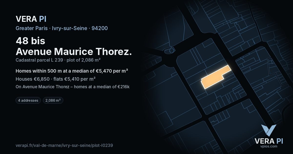 48 bis Avenue Maurice Thorez, Ivry-sur-Seine at night – the plot lit, the parcels around coloured by the prices near them