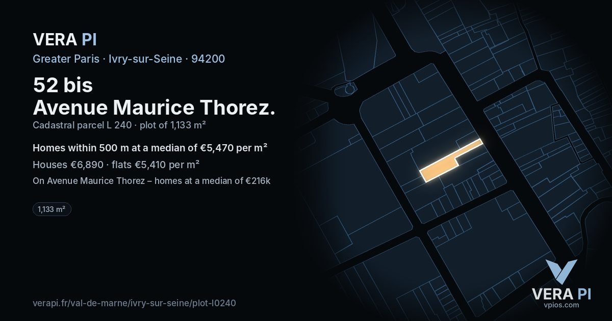 52 bis Avenue Maurice Thorez, Ivry-sur-Seine at night – the plot lit, the parcels around coloured by the prices near them
