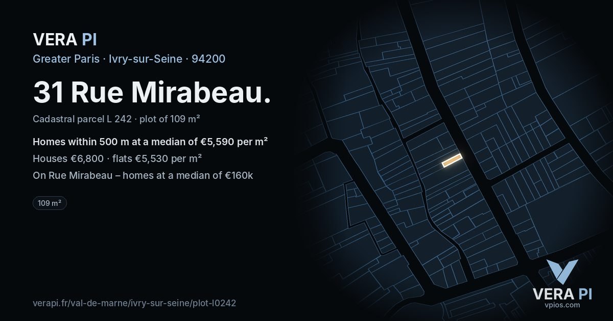 31 Rue Mirabeau, Ivry-sur-Seine at night – the plot lit, the parcels around coloured by the prices near them