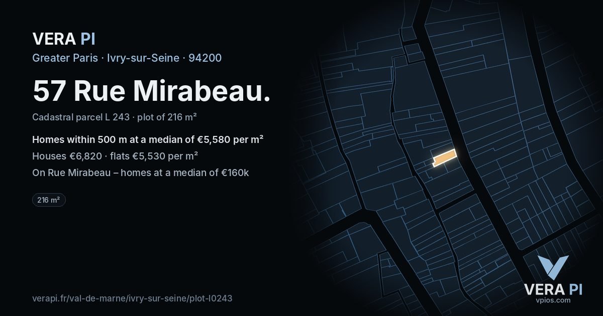 57 Rue Mirabeau, Ivry-sur-Seine at night – the plot lit, the parcels around coloured by the prices near them
