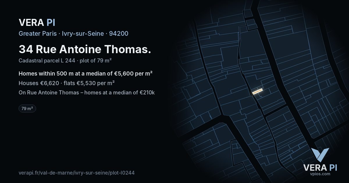34 Rue Antoine Thomas, Ivry-sur-Seine at night – the plot lit, the parcels around coloured by the prices near them