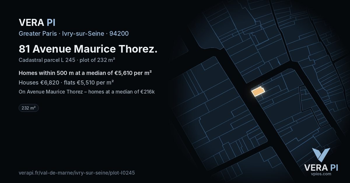 81 Avenue Maurice Thorez, Ivry-sur-Seine at night – the plot lit, the parcels around coloured by the prices near them