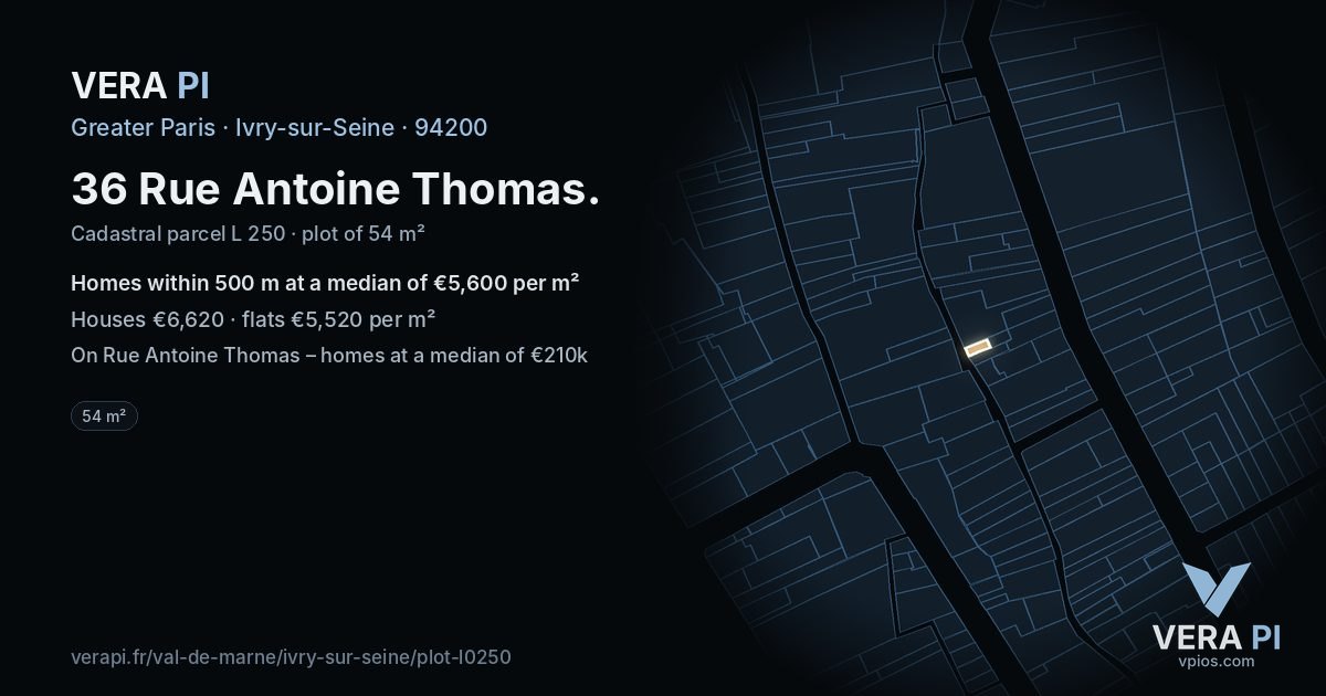 36 Rue Antoine Thomas, Ivry-sur-Seine at night – the plot lit, the parcels around coloured by the prices near them