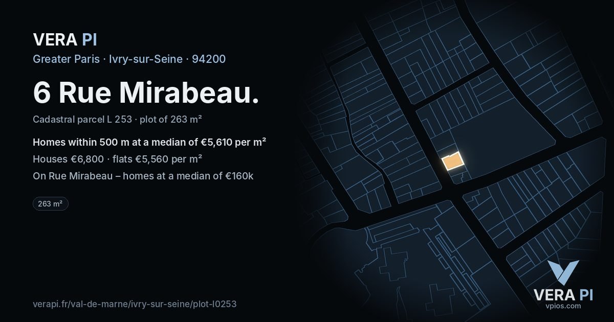 6 Rue Mirabeau, Ivry-sur-Seine at night – the plot lit, the parcels around coloured by the prices near them