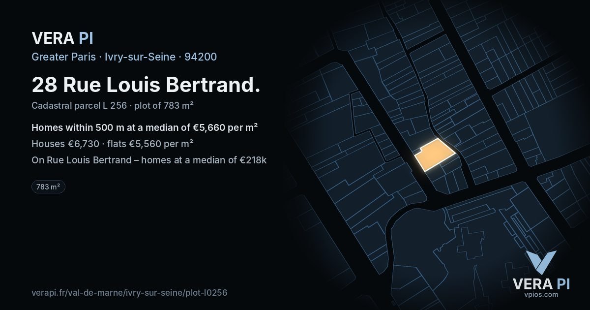 28 Rue Louis Bertrand, Ivry-sur-Seine at night – the plot lit, the parcels around coloured by the prices near them