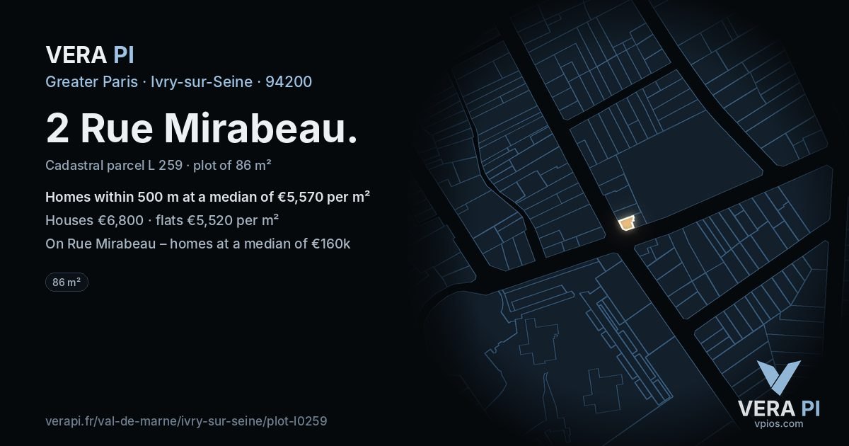 2 Rue Mirabeau, Ivry-sur-Seine at night – the plot lit, the parcels around coloured by the prices near them