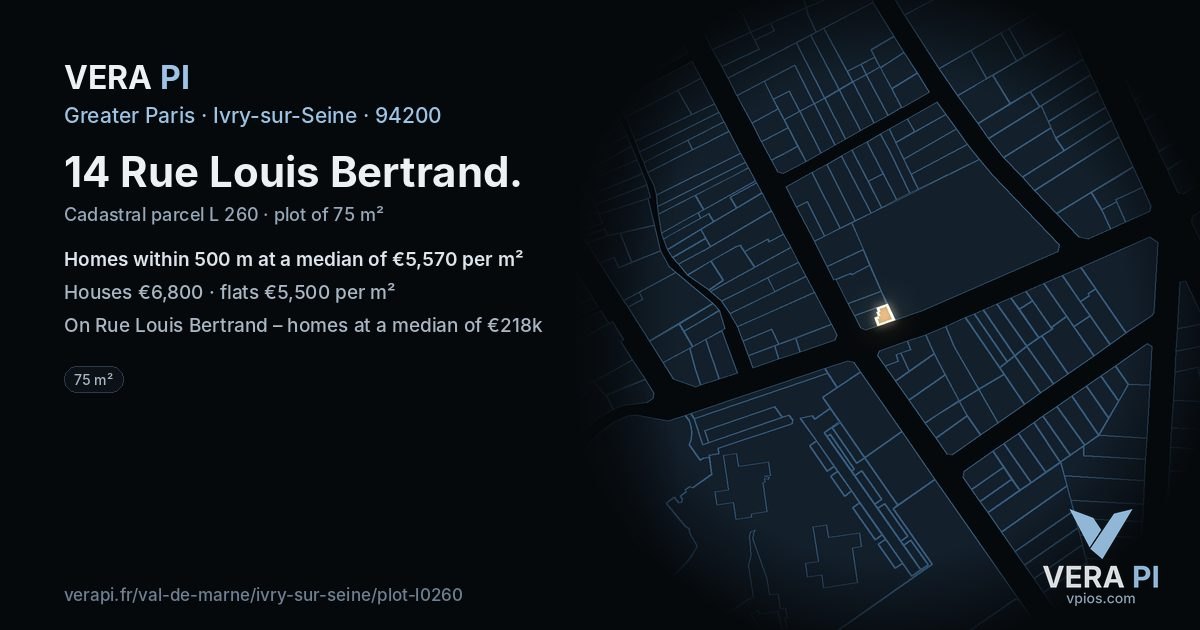 14 Rue Louis Bertrand, Ivry-sur-Seine at night – the plot lit, the parcels around coloured by the prices near them