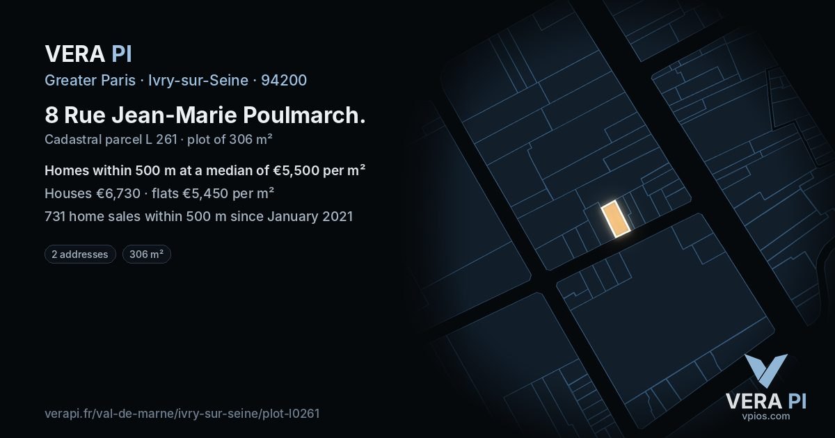 8 Rue Jean-Marie Poulmarch, Ivry-sur-Seine at night – the plot lit, the parcels around coloured by the prices near them