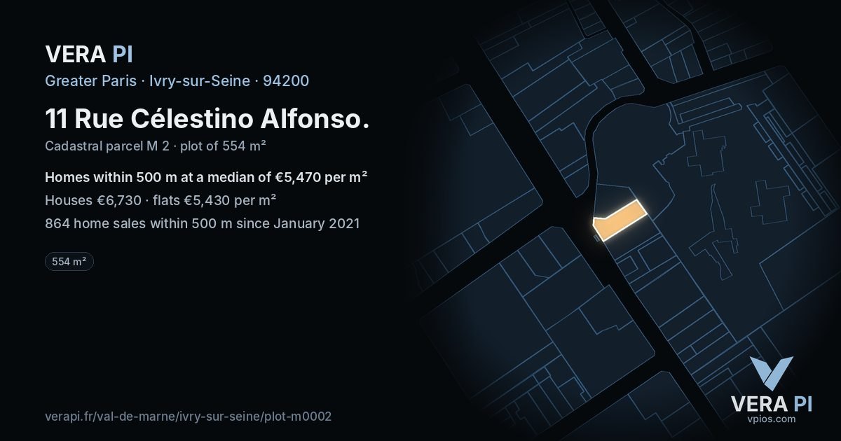 11 Rue Célestino Alfonso, Ivry-sur-Seine at night – the plot lit, the parcels around coloured by the prices near them