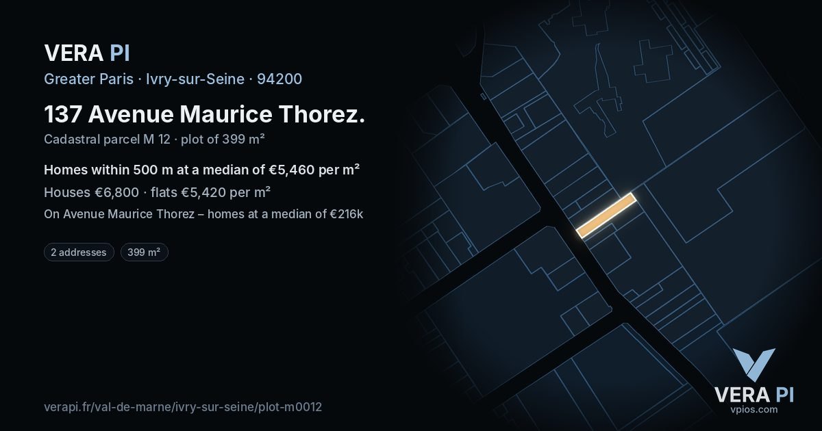 137 Avenue Maurice Thorez, Ivry-sur-Seine at night – the plot lit, the parcels around coloured by the prices near them