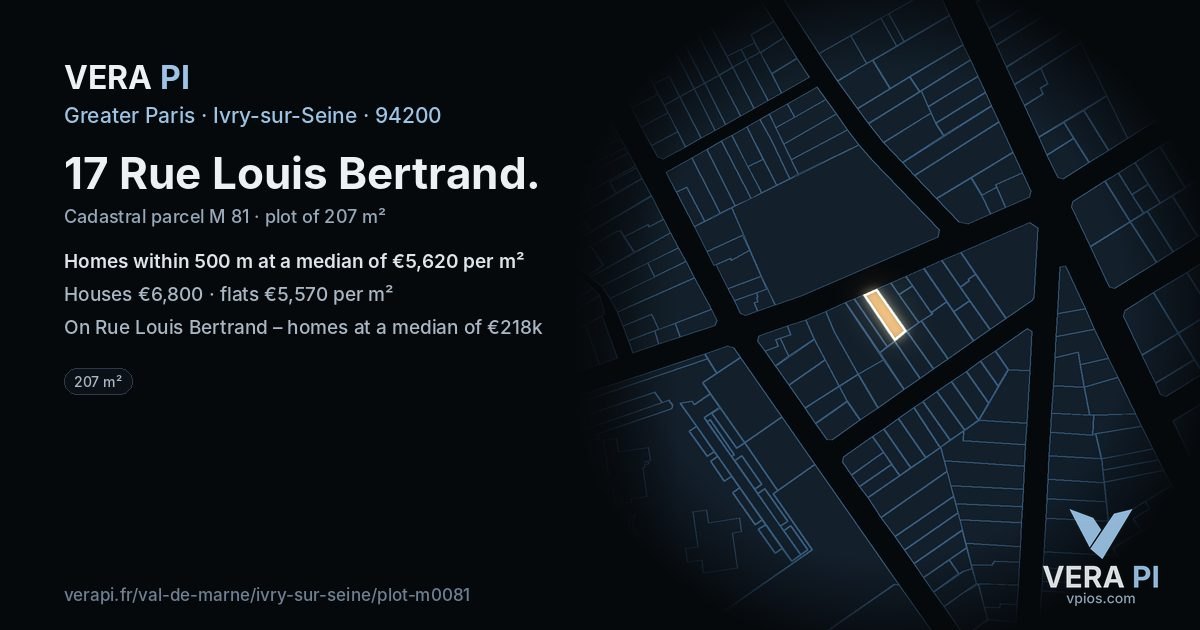 17 Rue Louis Bertrand, Ivry-sur-Seine at night – the plot lit, the parcels around coloured by the prices near them