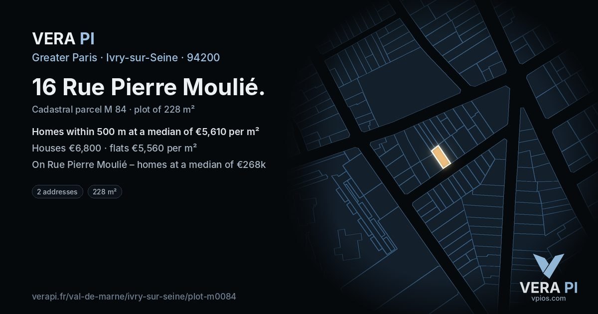 16 Rue Pierre Moulié, Ivry-sur-Seine at night – the plot lit, the parcels around coloured by the prices near them