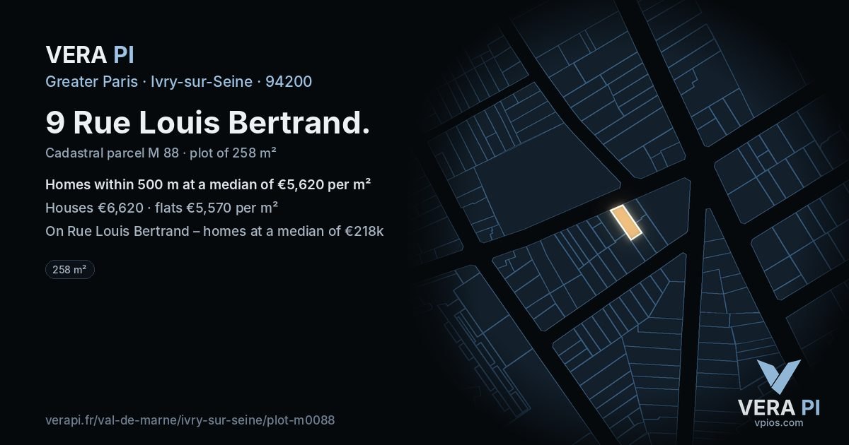 9 Rue Louis Bertrand, Ivry-sur-Seine at night – the plot lit, the parcels around coloured by the prices near them