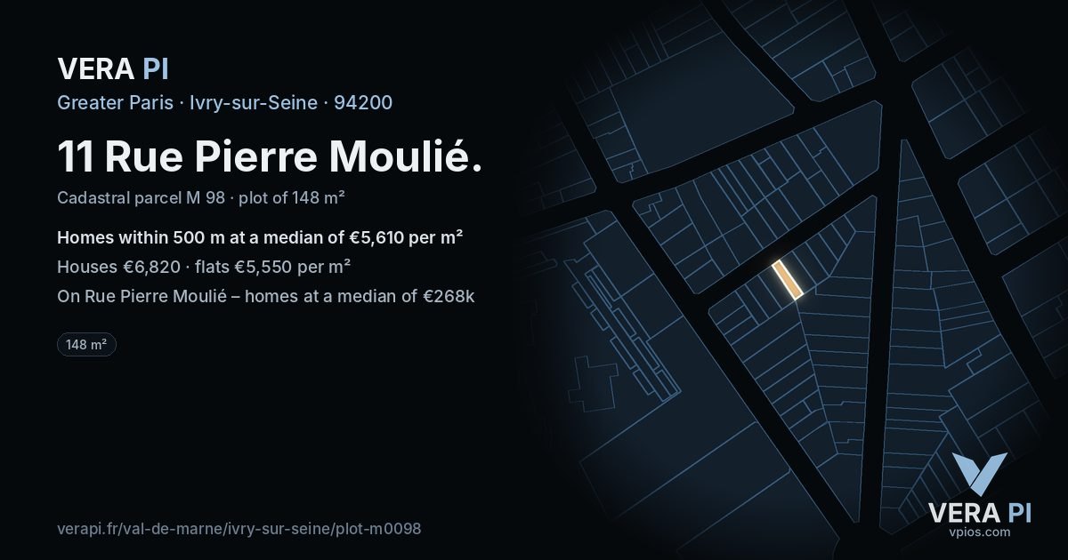 11 Rue Pierre Moulié, Ivry-sur-Seine at night – the plot lit, the parcels around coloured by the prices near them