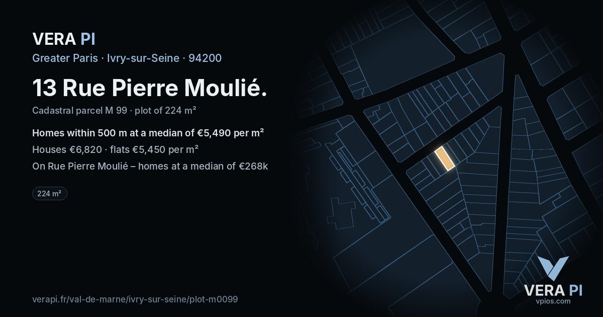13 Rue Pierre Moulié, Ivry-sur-Seine at night – the plot lit, the parcels around coloured by the prices near them