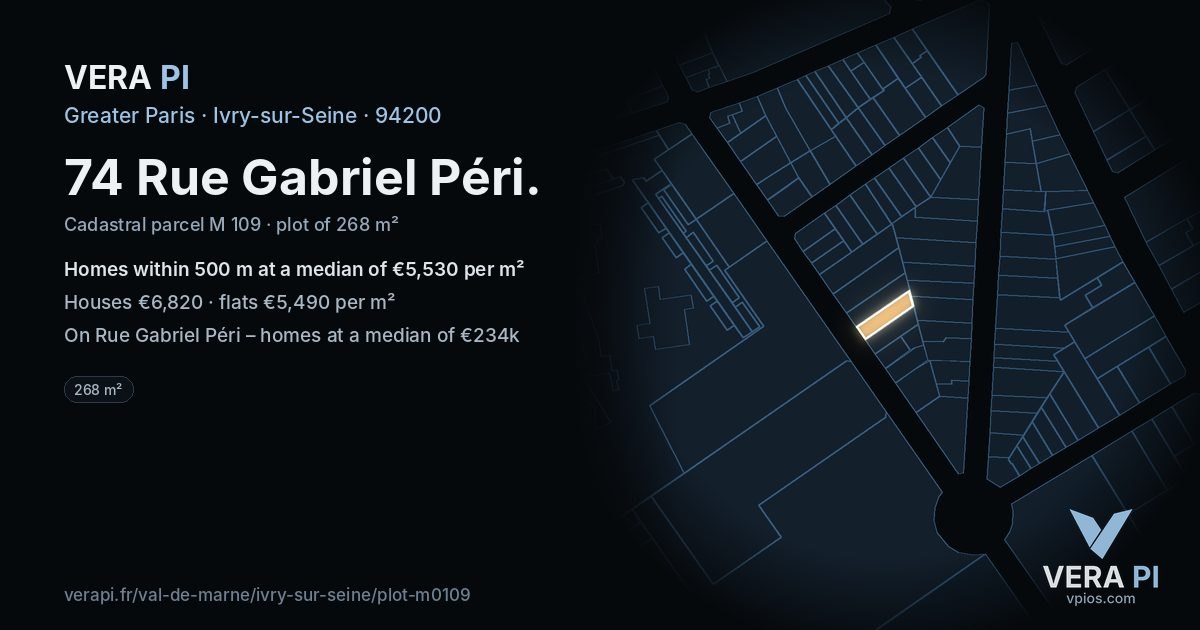 74 Rue Gabriel Péri, Ivry-sur-Seine at night – the plot lit, the parcels around coloured by the prices near them