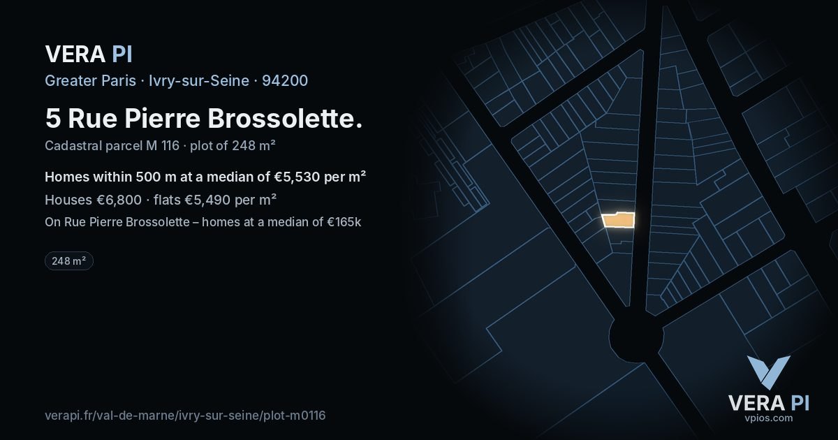 5 Rue Pierre Brossolette, Ivry-sur-Seine at night – the plot lit, the parcels around coloured by the prices near them