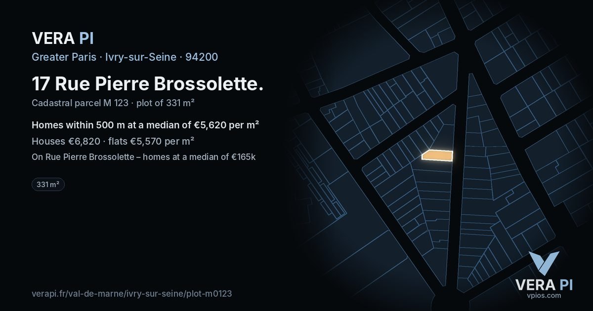17 Rue Pierre Brossolette, Ivry-sur-Seine at night – the plot lit, the parcels around coloured by the prices near them