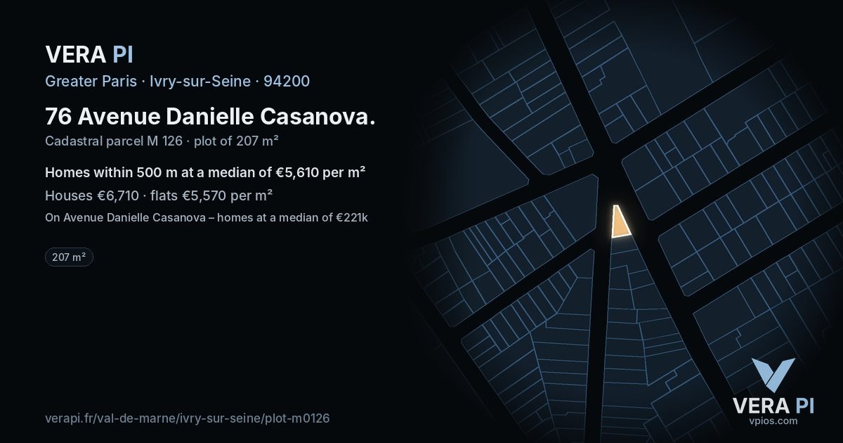 76 Avenue Danielle Casanova, Ivry-sur-Seine at night – the plot lit, the parcels around coloured by the prices near them