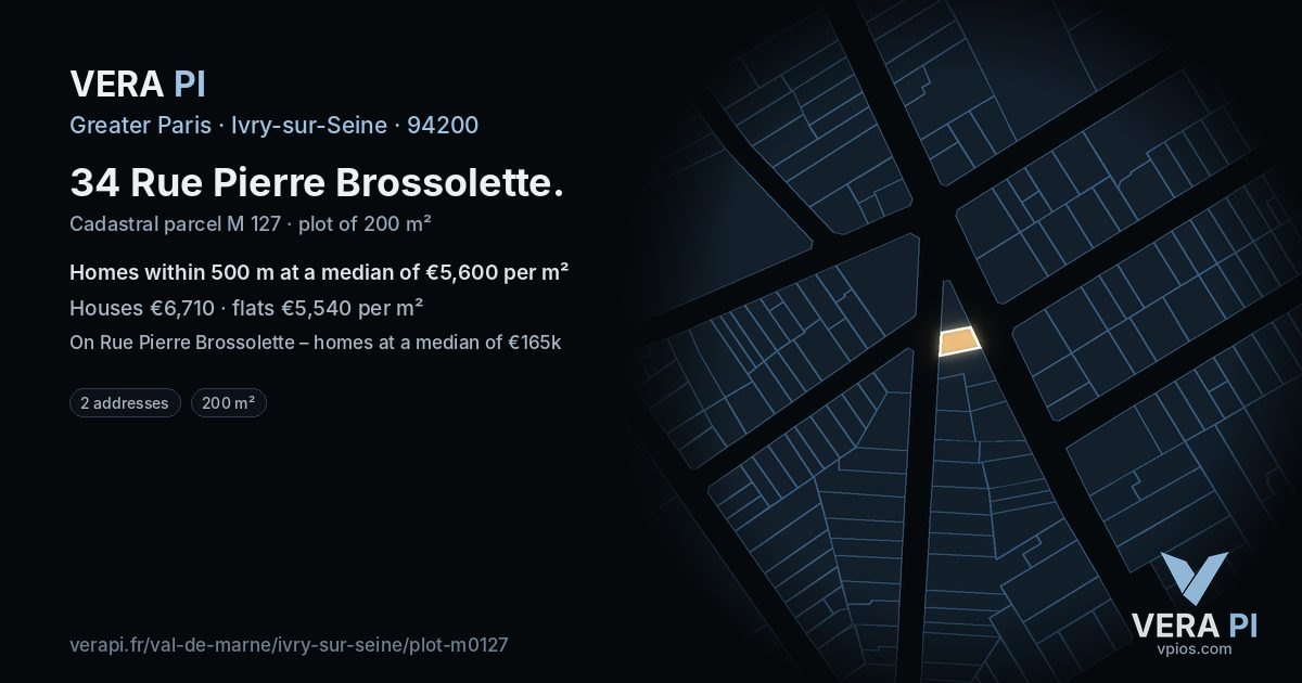 34 Rue Pierre Brossolette, Ivry-sur-Seine at night – the plot lit, the parcels around coloured by the prices near them