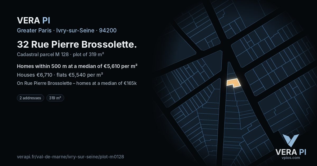 32 Rue Pierre Brossolette, Ivry-sur-Seine at night – the plot lit, the parcels around coloured by the prices near them