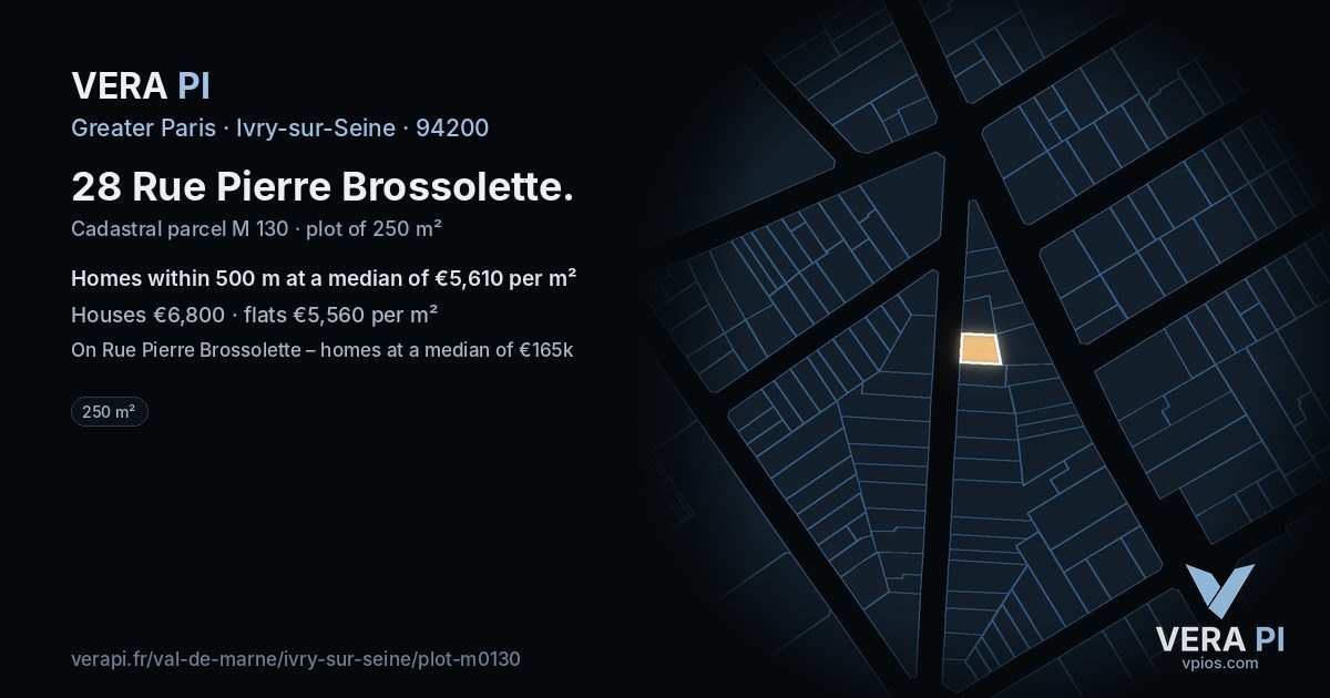 28 Rue Pierre Brossolette, Ivry-sur-Seine at night – the plot lit, the parcels around coloured by the prices near them