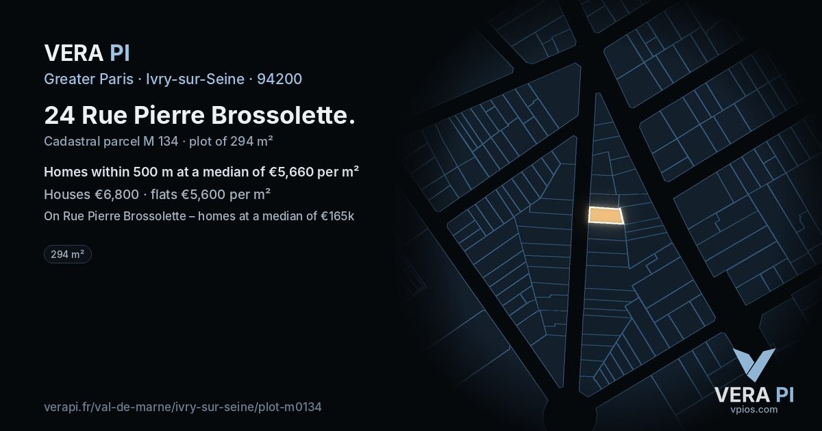 24 Rue Pierre Brossolette, Ivry-sur-Seine at night – the plot lit, the parcels around coloured by the prices near them
