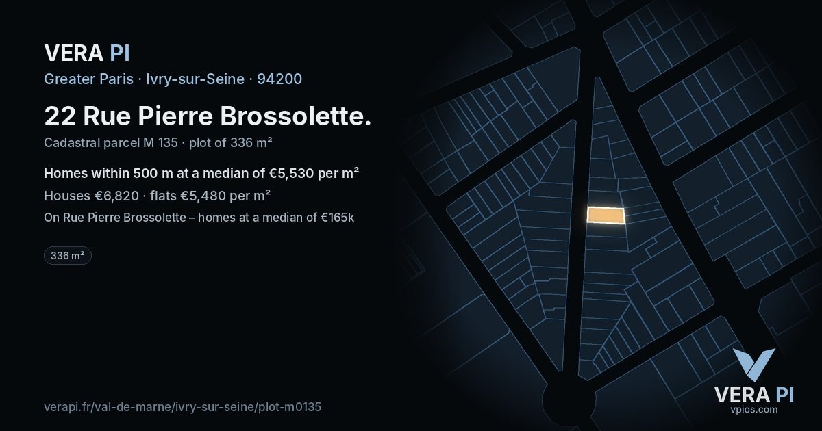 22 Rue Pierre Brossolette, Ivry-sur-Seine at night – the plot lit, the parcels around coloured by the prices near them