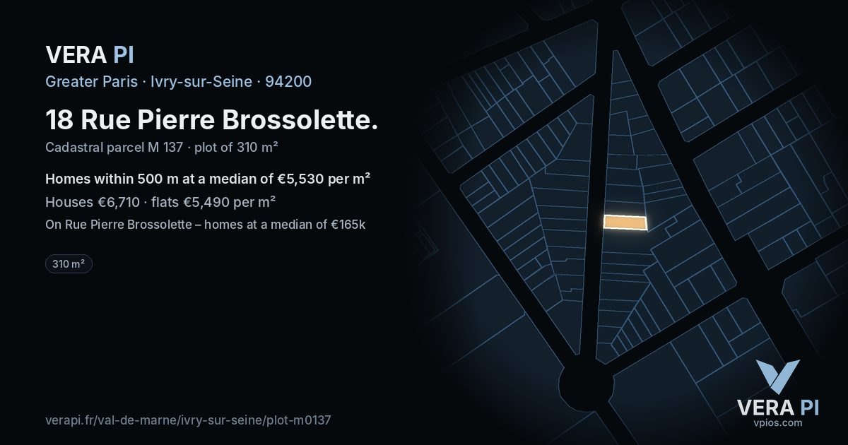 18 Rue Pierre Brossolette, Ivry-sur-Seine at night – the plot lit, the parcels around coloured by the prices near them