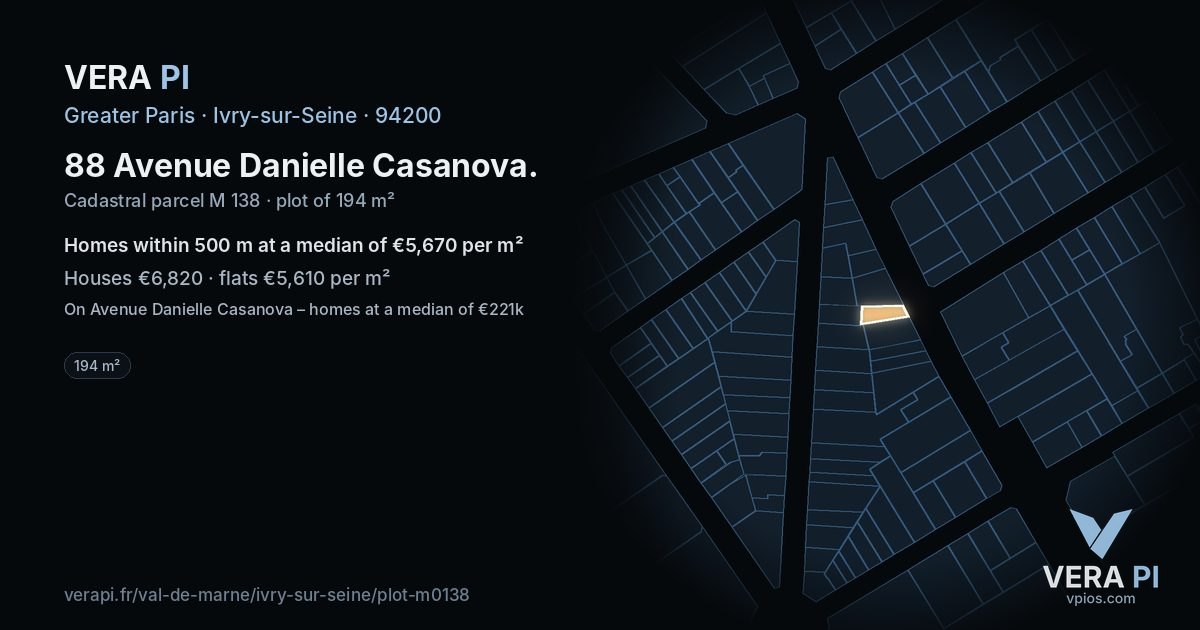 88 Avenue Danielle Casanova, Ivry-sur-Seine at night – the plot lit, the parcels around coloured by the prices near them
