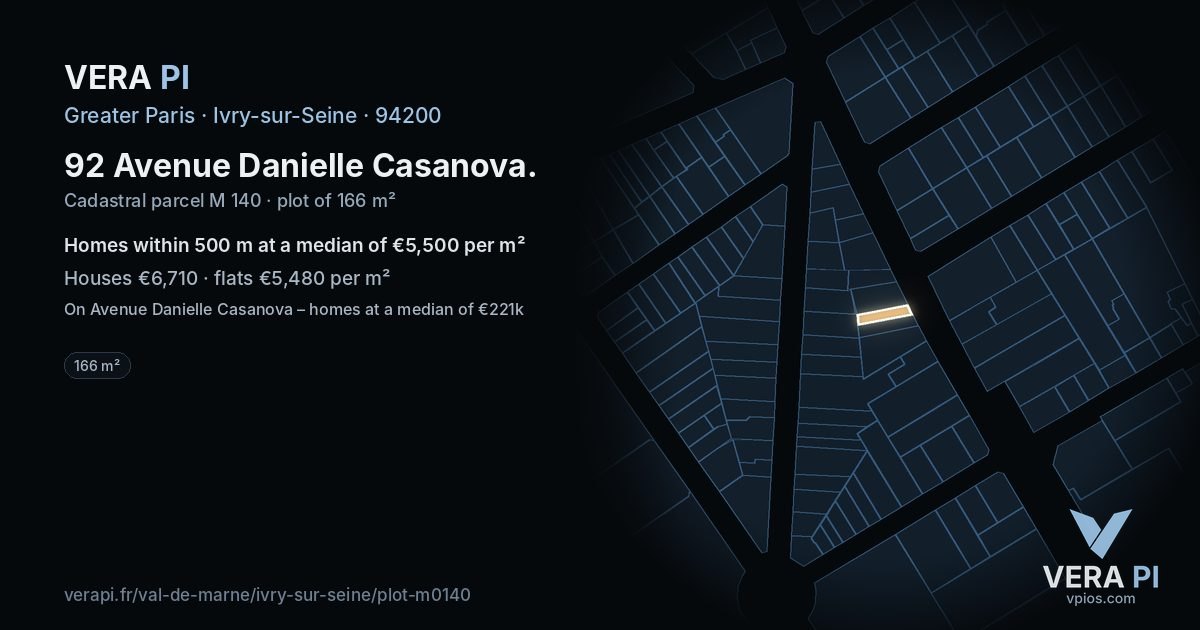 92 Avenue Danielle Casanova, Ivry-sur-Seine at night – the plot lit, the parcels around coloured by the prices near them